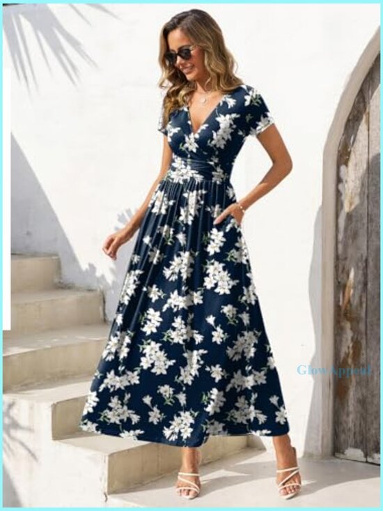 Short Sleeve Maxi Dress with V Neck Pockets Casual Summer Sundress - Picture 2 of 7